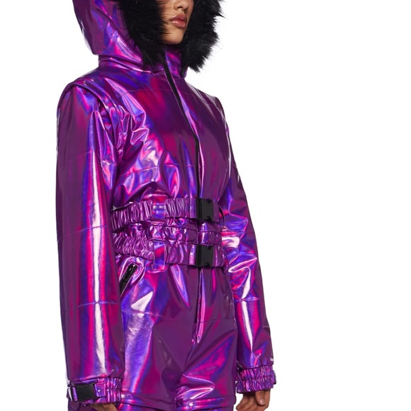 Dolls Kill Iridescent Ski Jacket with Black Faux Fur Hood - Picture 2 of 13